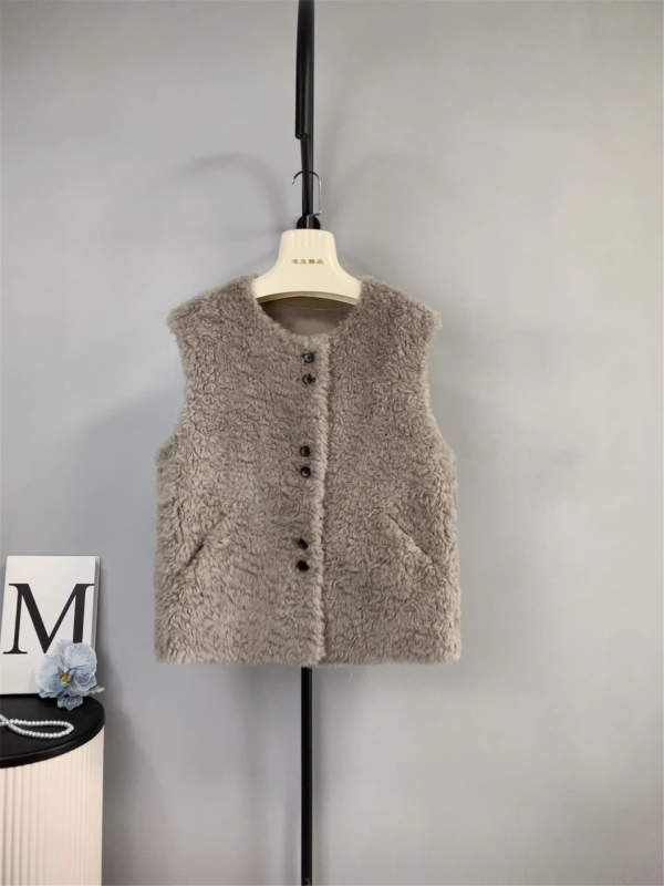 Korejski casual vest s ovčjom vunom i nubukom, okrugli izrez, normalna duljina (50–65 cm), za žene