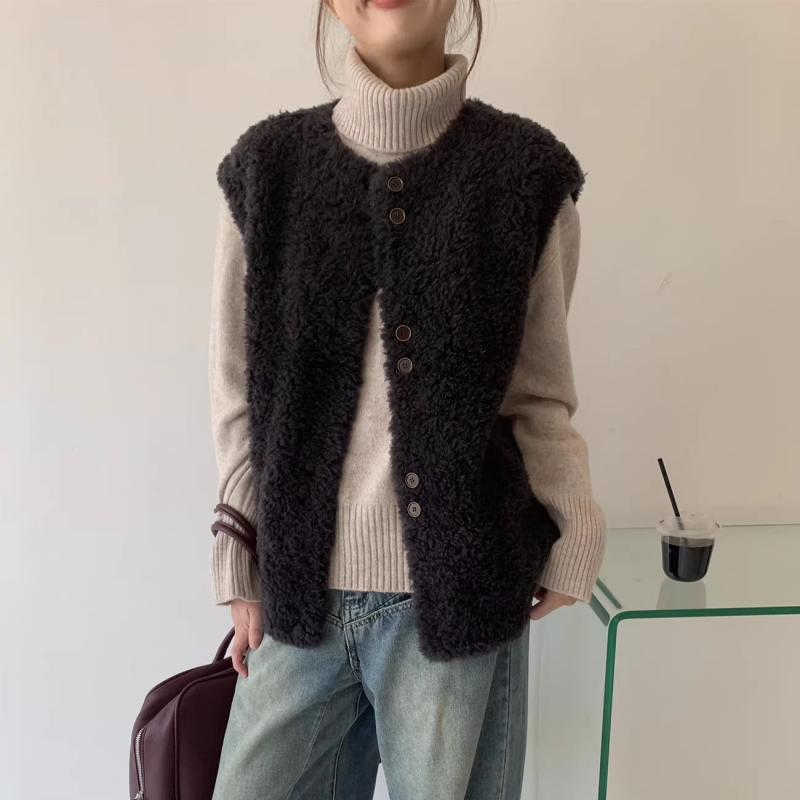 Korejski casual vest s ovčjom vunom i nubukom, okrugli izrez, normalna duljina (50–65 cm), za žene