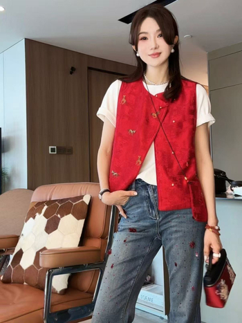 Laneni izvezeni bezruk vest s okruglim izrezom, životinjski uzorak, elegantan stil