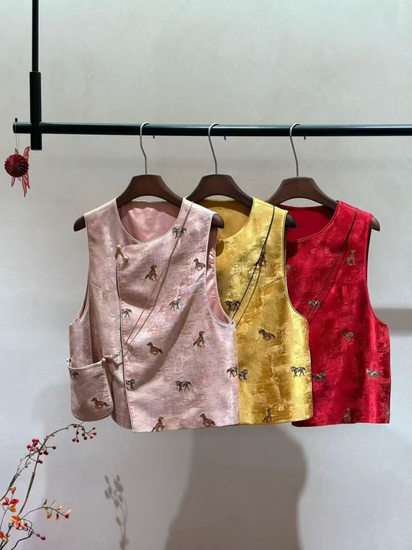 Laneni izvezeni bezruk vest s okruglim izrezom, životinjski uzorak, elegantan stil
