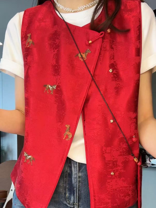 Laneni izvezeni bezruk vest s okruglim izrezom, životinjski uzorak, elegantan stil