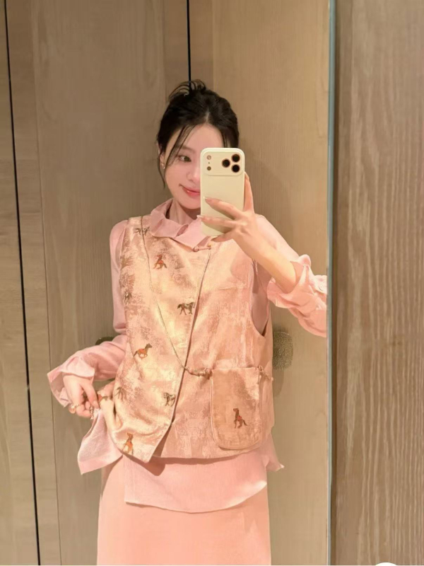 Laneni izvezeni bezruk vest s okruglim izrezom, životinjski uzorak, elegantan stil
