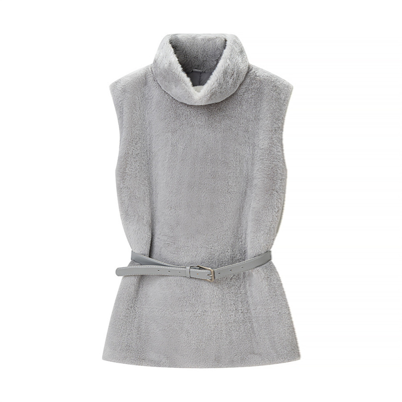 Vesta s stojećim ovratnikom i pojasom u struku - poliester tkanina, standardna duljina, japansko-korejski casual stil