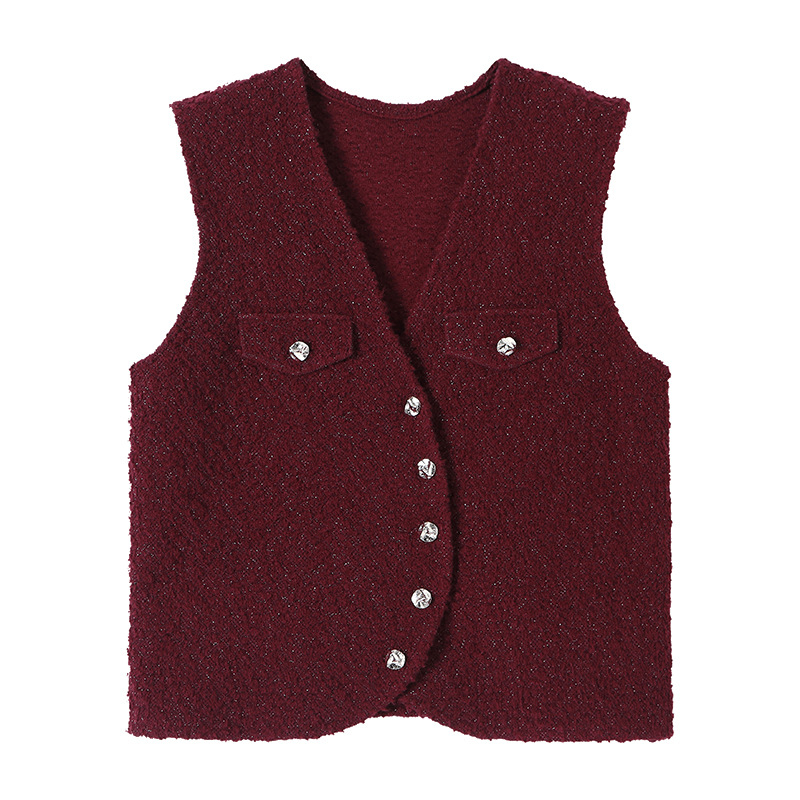 Ženski pleteni vest-kardigan, jesen 2025, V-izrez, kratka duljina, jednobojna boja, elegantan i moderan stil