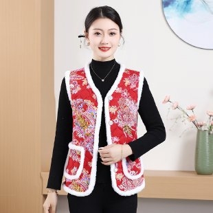 Ženski floralan print vest s fleece podstavom, debela, V-izrez, ležerni dojam, jesen-zima 2024