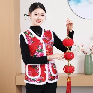 Ženski floralan print vest s fleece podstavom, debela, V-izrez, ležerni dojam, jesen-zima 2024