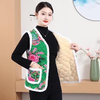 Ženski floralan print vest s fleece podstavom, debela, V-izrez, ležerni dojam, jesen-zima 2024