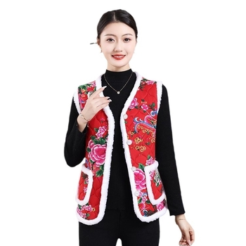 Ženski floralan print vest s fleece podstavom, debela, V-izrez, ležerni dojam, jesen-zima 2024