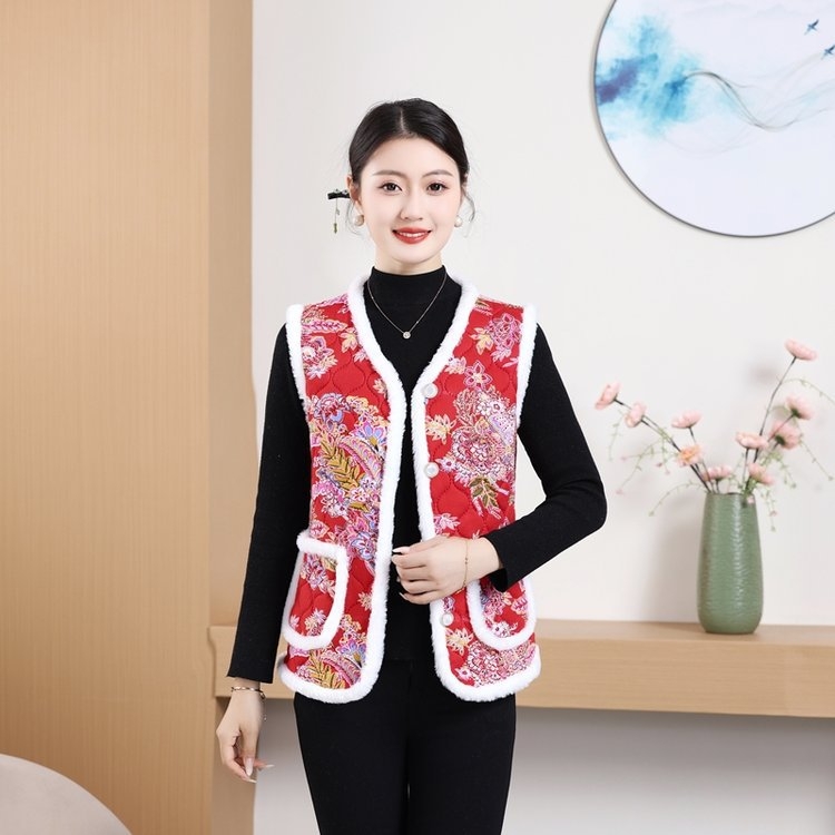 Ženski floralan print vest s fleece podstavom, debela, V-izrez, ležerni dojam, jesen-zima 2024