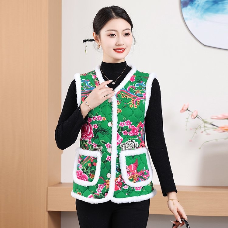 Ženski floralan print vest s fleece podstavom, debela, V-izrez, ležerni dojam, jesen-zima 2024