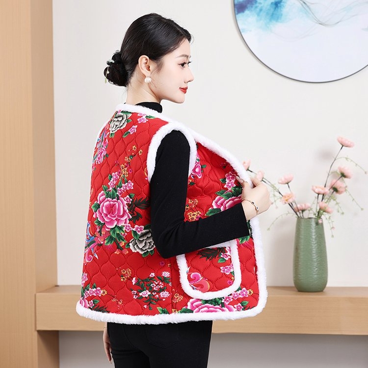 Ženski floralan print vest s fleece podstavom, debela, V-izrez, ležerni dojam, jesen-zima 2024