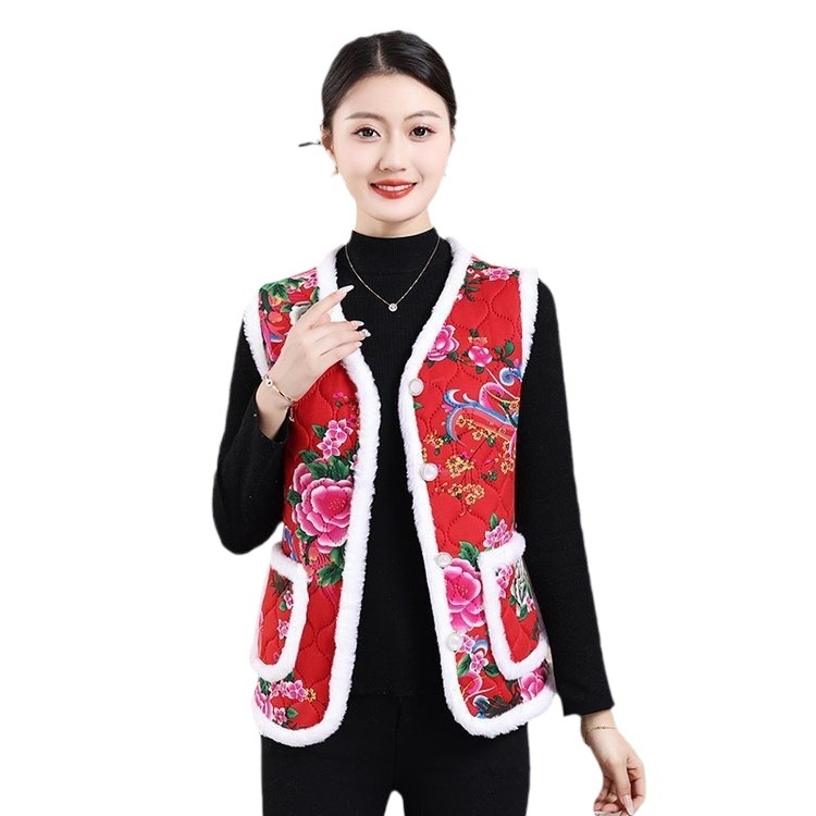 Ženski floralan print vest s fleece podstavom, debela, V-izrez, ležerni dojam, jesen-zima 2024