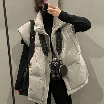 Ženska down vesta, srednje duljine, stojeći ovratnik, prednji zip, poliester, punilo od bijelog patka perja, casual japansko-korejski stil, jesen 2025