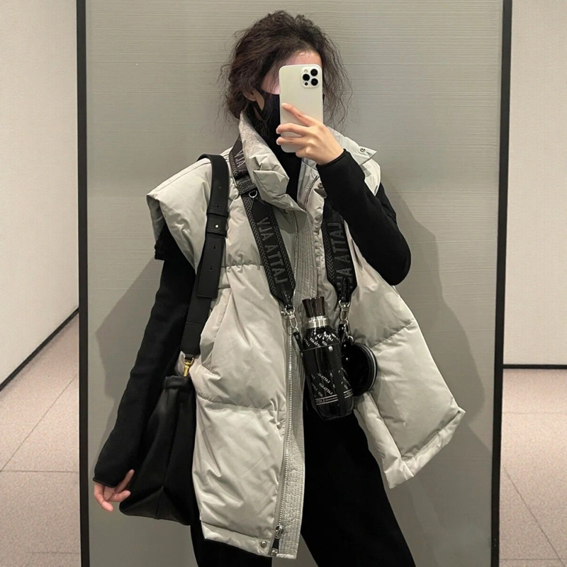 Ženska down vesta, srednje duljine, stojeći ovratnik, prednji zip, poliester, punilo od bijelog patka perja, casual japansko-korejski stil, jesen 2025