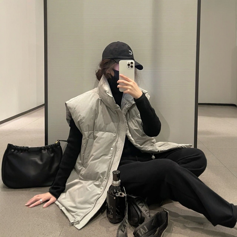 Ženska down vesta, srednje duljine, stojeći ovratnik, prednji zip, poliester, punilo od bijelog patka perja, casual japansko-korejski stil, jesen 2025