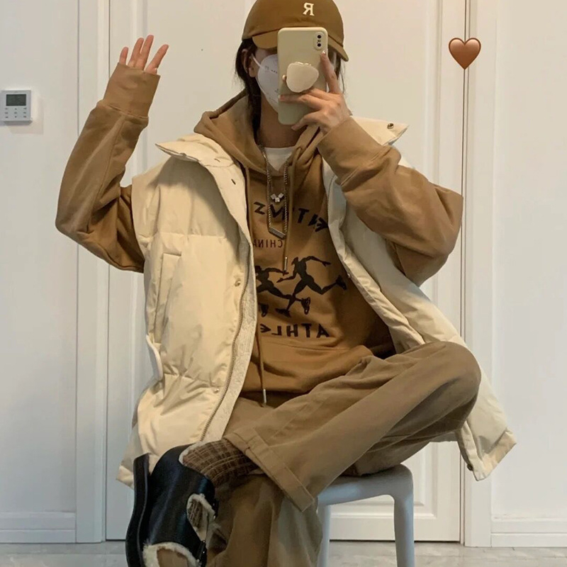 Ženska down vesta, srednje duljine, stojeći ovratnik, prednji zip, poliester, punilo od bijelog patka perja, casual japansko-korejski stil, jesen 2025