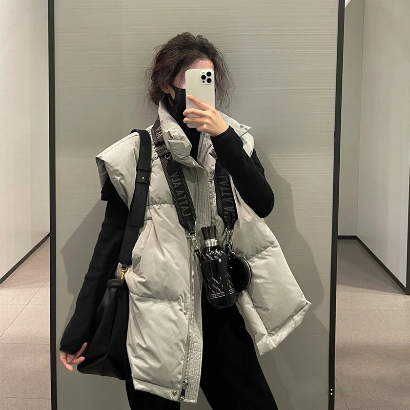 Ženska down vesta, srednje duljine, stojeći ovratnik, prednji zip, poliester, punilo od bijelog patka perja, casual japansko-korejski stil, jesen 2025