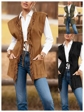 Ženski retro stil vest-kardigan s resicama, bez ovratnika, srednje duljine, jednobojan, koža jelena, poliester punilo, jesen 2025