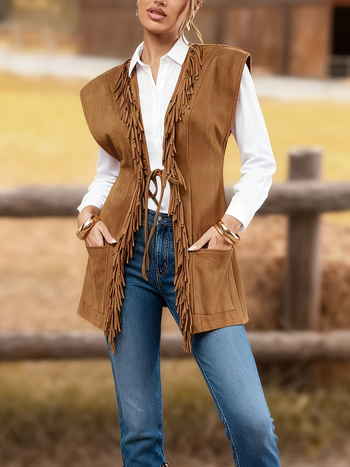 Ženski retro stil vest-kardigan s resicama, bez ovratnika, srednje duljine, jednobojan, koža jelena, poliester punilo, jesen 2025