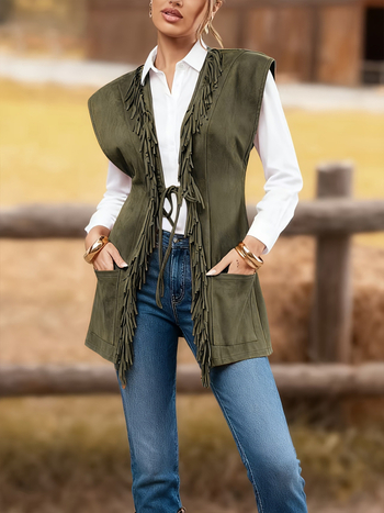 Ženski retro stil vest-kardigan s resicama, bez ovratnika, srednje duljine, jednobojan, koža jelena, poliester punilo, jesen 2025