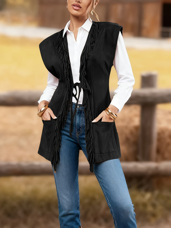 Ženski retro stil vest-kardigan s resicama, bez ovratnika, srednje duljine, jednobojan, koža jelena, poliester punilo, jesen 2025