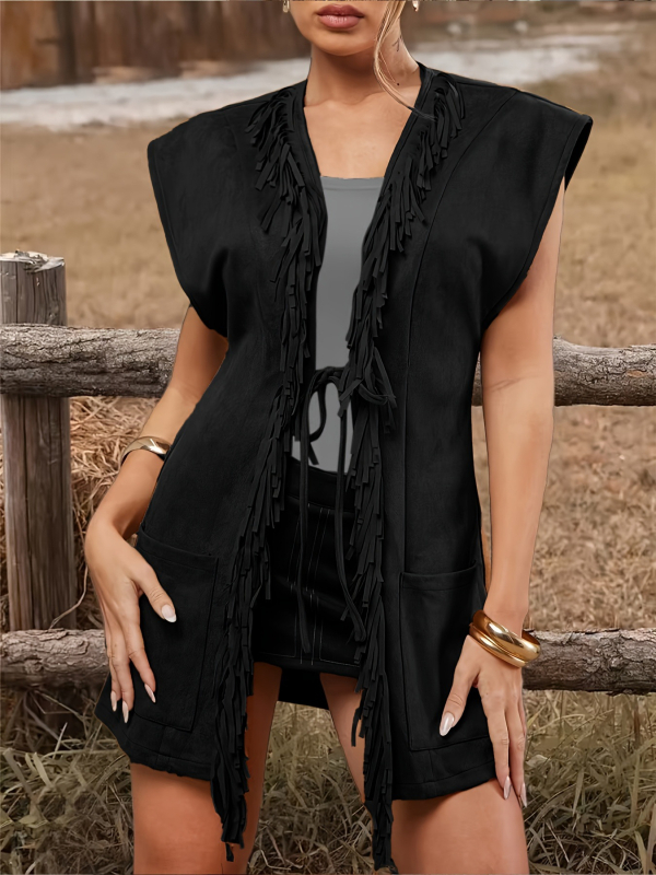 Ženski retro stil vest-kardigan s resicama, bez ovratnika, srednje duljine, jednobojan, koža jelena, poliester punilo, jesen 2025