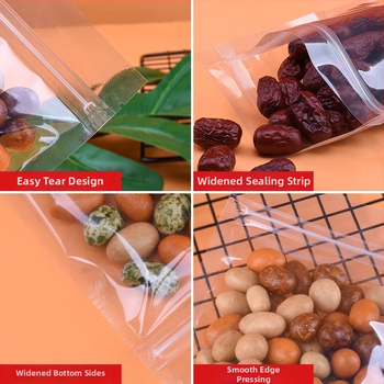 Priehľadný samouzavierací sáčok s plochým dnom na orechy, čaj a občerstvenie | CPP+PET kompozit, tlačené balenie, dĺžka uzávierky 5–20 cm