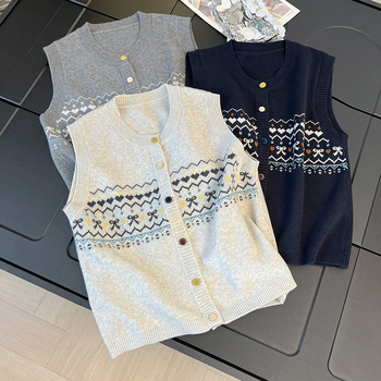 Korejskog stila pleteni kardigan-vest s retro jacquard uzorkom, labav kroj, okrugli izrez, mješavina poliestera