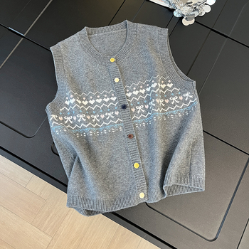 Korejskog stila pleteni kardigan-vest s retro jacquard uzorkom, labav kroj, okrugli izrez, mješavina poliestera