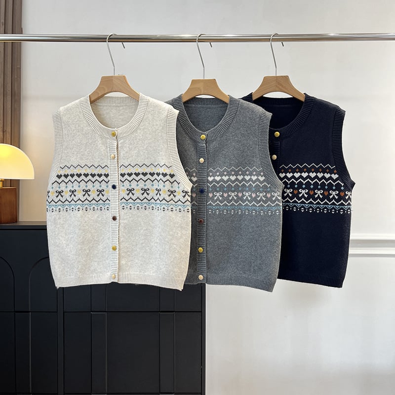 Korejskog stila pleteni kardigan-vest s retro jacquard uzorkom, labav kroj, okrugli izrez, mješavina poliestera