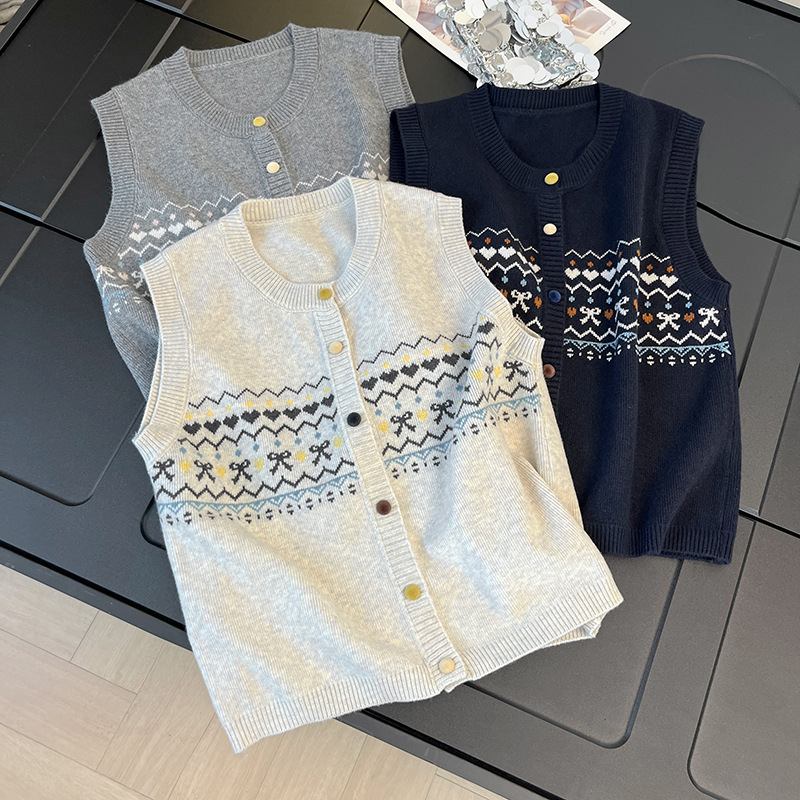 Korejskog stila pleteni kardigan-vest s retro jacquard uzorkom, labav kroj, okrugli izrez, mješavina poliestera