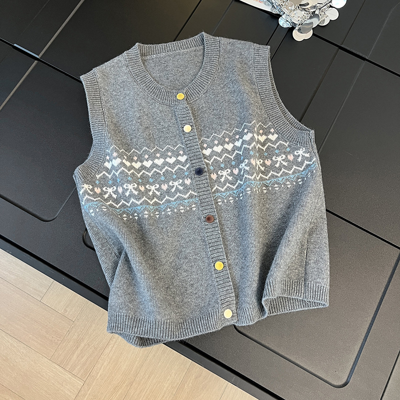 Korejskog stila pleteni kardigan-vest s retro jacquard uzorkom, labav kroj, okrugli izrez, mješavina poliestera