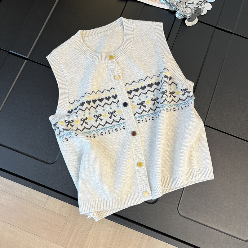 Korejskog stila pleteni kardigan-vest s retro jacquard uzorkom, labav kroj, okrugli izrez, mješavina poliestera
