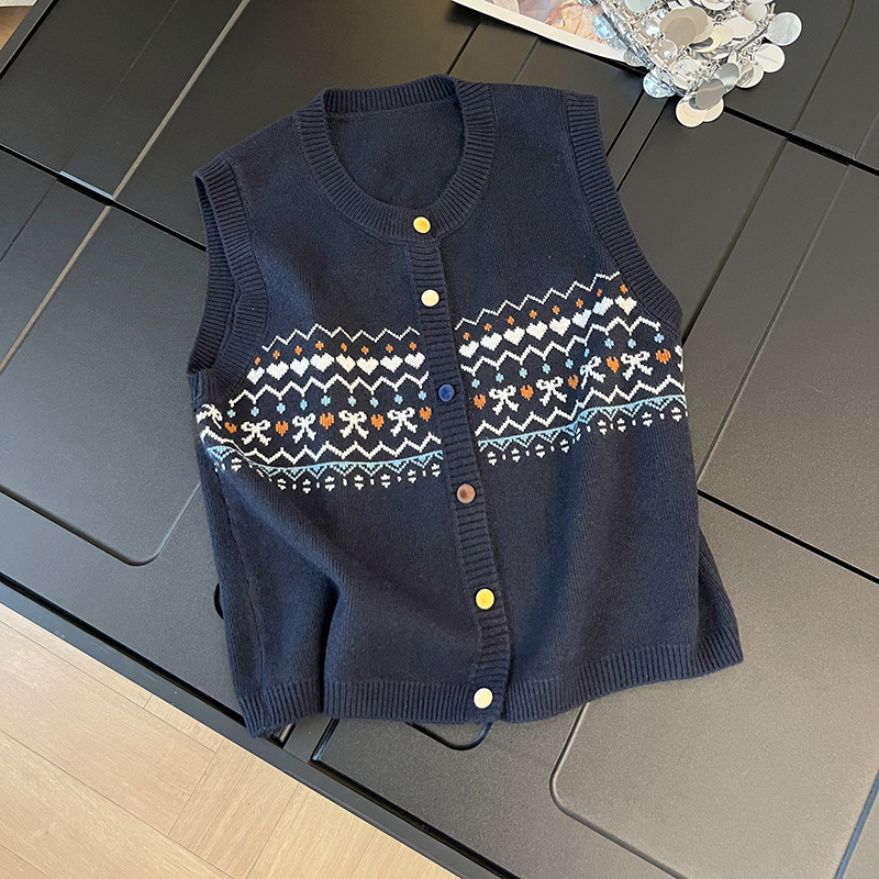 Korejskog stila pleteni kardigan-vest s retro jacquard uzorkom, labav kroj, okrugli izrez, mješavina poliestera