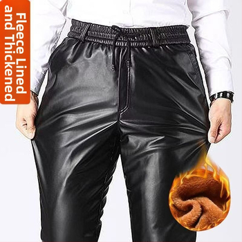 Pánske nohavice z PU kože, s fleecovou podšívkou, hrubé, vetruodolné a vodeodolné, rovný strih, stredný pás, zima 2024