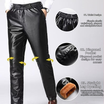 Pánske nohavice z PU kože, s fleecovou podšívkou, hrubé, vetruodolné a vodeodolné, rovný strih, stredný pás, zima 2024