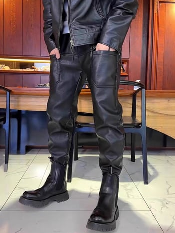 Muške PU kožne hlače, ravnog kroja, srednjeg pojasa, šest džepova, poliester tkanina