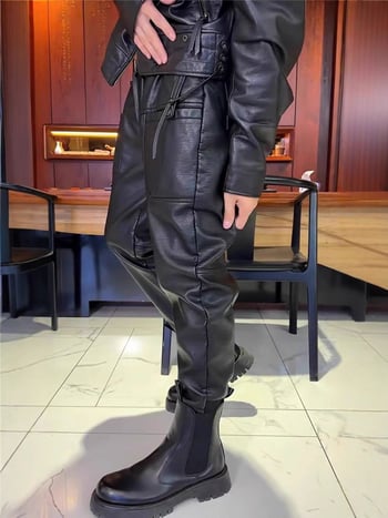 Muške PU kožne hlače, ravnog kroja, srednjeg pojasa, šest džepova, poliester tkanina