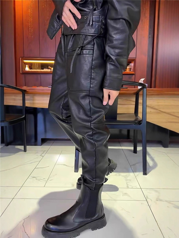 Muške PU kožne hlače, ravnog kroja, srednjeg pojasa, šest džepova, poliester tkanina