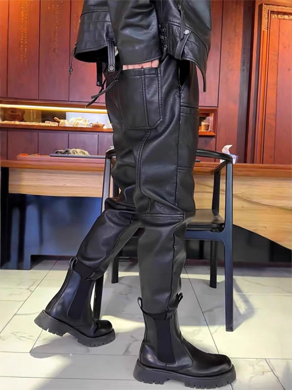 Muške PU kožne hlače, ravnog kroja, srednjeg pojasa, šest džepova, poliester tkanina