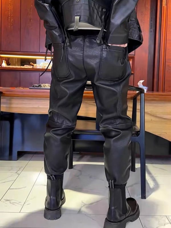 Muške PU kožne hlače, ravnog kroja, srednjeg pojasa, šest džepova, poliester tkanina