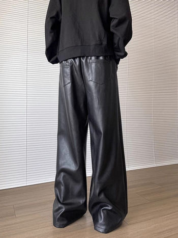 Muške PU kožne hlače, ravne široke, srednji struk, 100% sintetička koža, jednofarbni dizajn