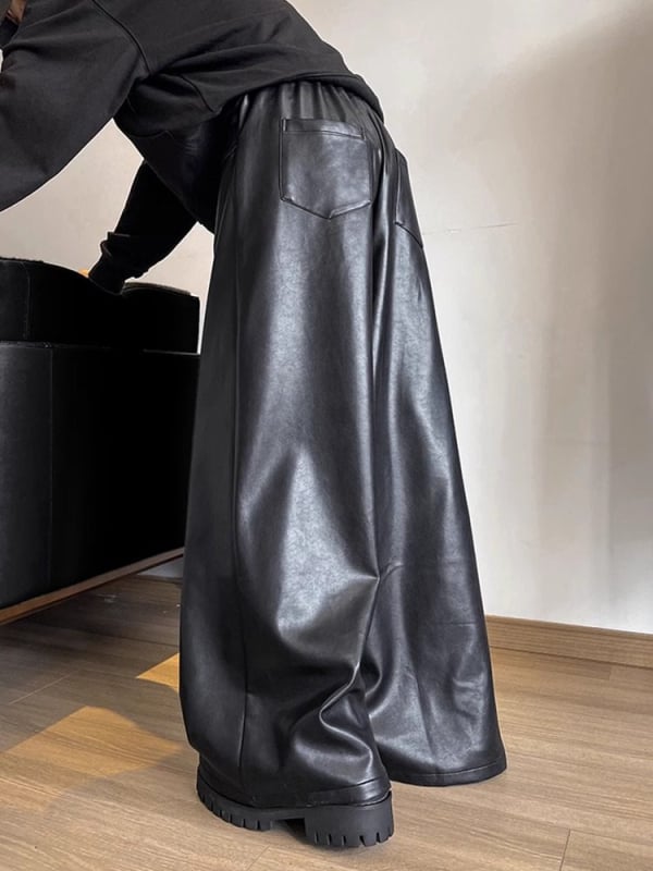 Muške PU kožne hlače, ravne široke, srednji struk, 100% sintetička koža, jednofarbni dizajn