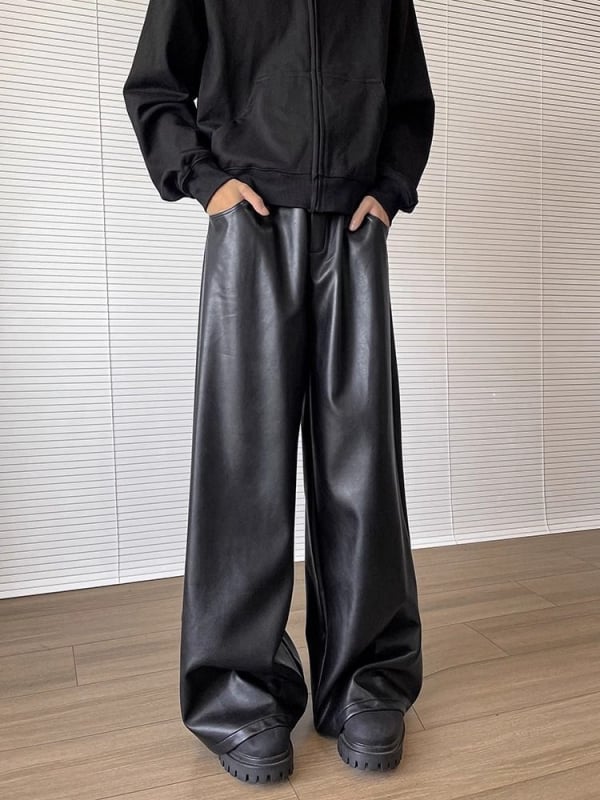 Muške PU kožne hlače, ravne široke, srednji struk, 100% sintetička koža, jednofarbni dizajn