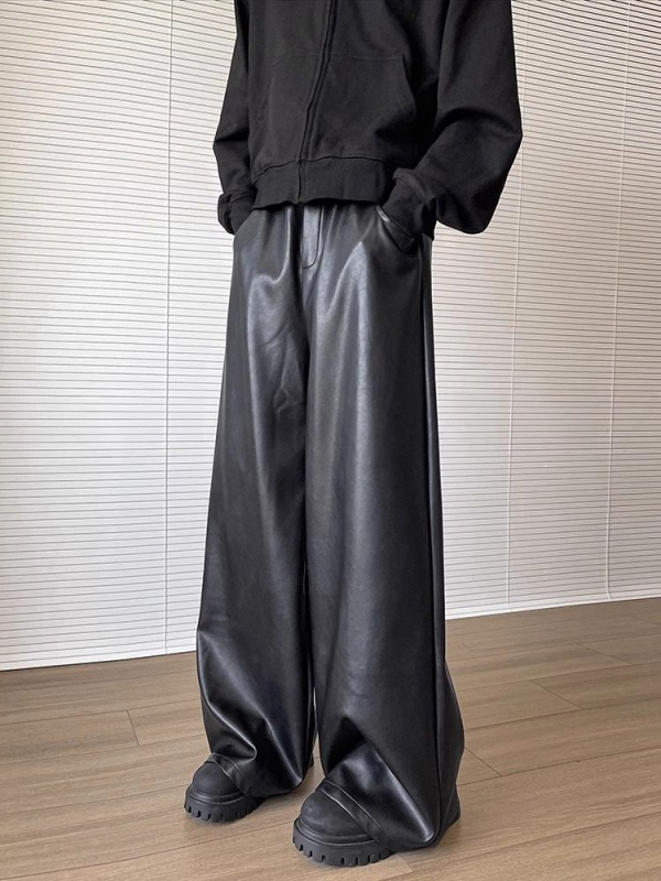 Muške PU kožne hlače, ravne široke, srednji struk, 100% sintetička koža, jednofarbni dizajn