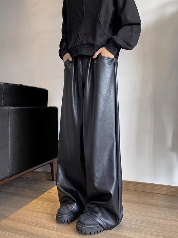Muške PU kožne hlače, ravne široke, srednji struk, 100% sintetička koža, jednofarbni dizajn