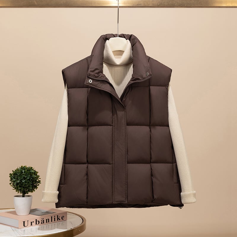 Vesta scurtă pentru femei, cu umplutură Down Cotton, material exterior poliester, guler polo, model în dungi/verifică, croială slim