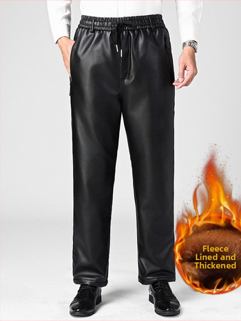 Pánske nohavice z PU kože s fleecovou podšívkou, jednofarebné, rovný strih, stredný pás, hrubé zimné nohavice