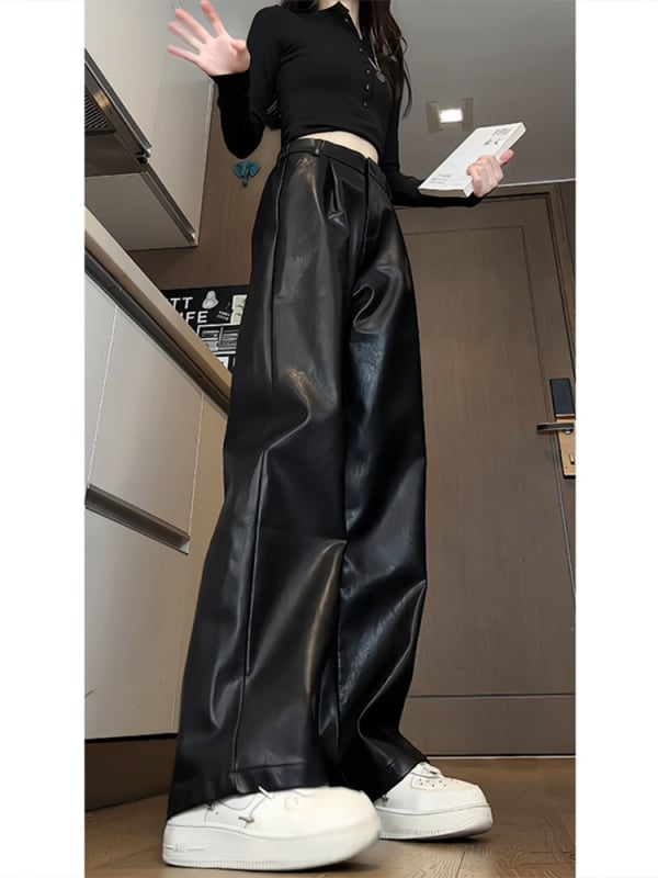 PU bőr nadrág egyenes szárú, középmagas derék, motorkerékpár-stílusú munkaruha, vízálló, mindennapi viselet