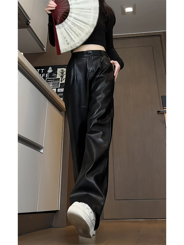 PU bőr nadrág egyenes szárú, középmagas derék, motorkerékpár-stílusú munkaruha, vízálló, mindennapi viselet